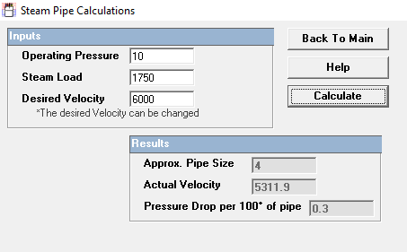 Hoffman Selection Program - 4” steam pipe size / Velocity of 5311 FPM / Pressure Drop - 0.3 PSIG per 100 feet