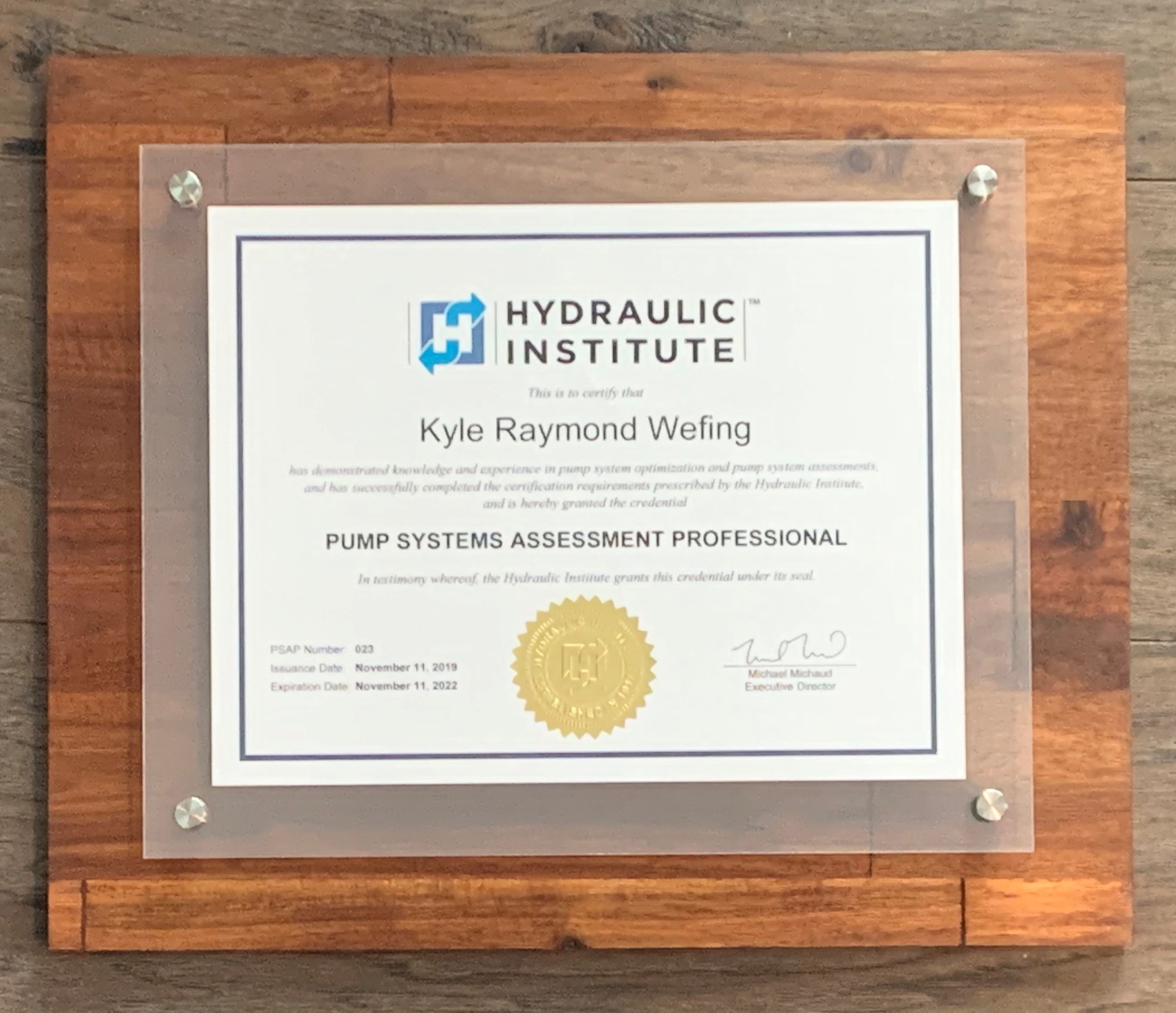 Kyle Wefing gains Pump Systems Assessment Professional certification