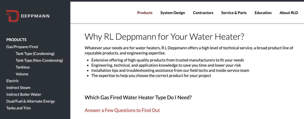 RLD water heater webpage