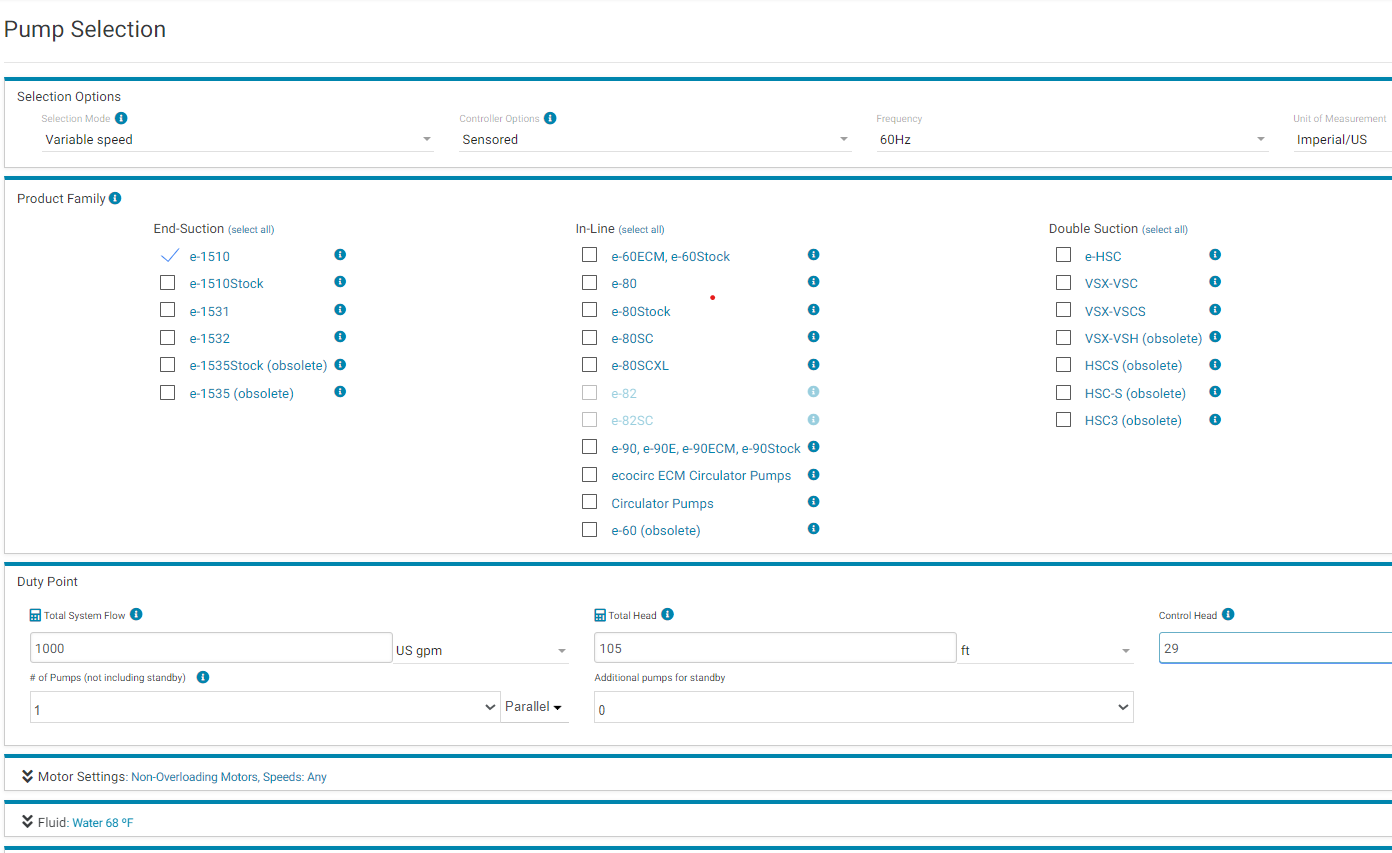 screenshot of a pump selection form